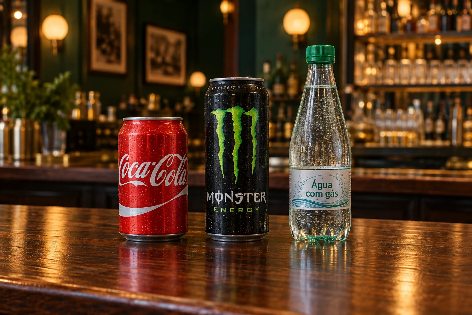 Coca-Cola em lata, energético Monster e água com gás sobre um balcão de madeira